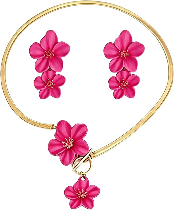 Boho Flower Earrings Necklace Set for Women Gold Flower Pendant Necklace and White flower Statement Earrings Spring Earring Spring Trendy Jewelry Accessories