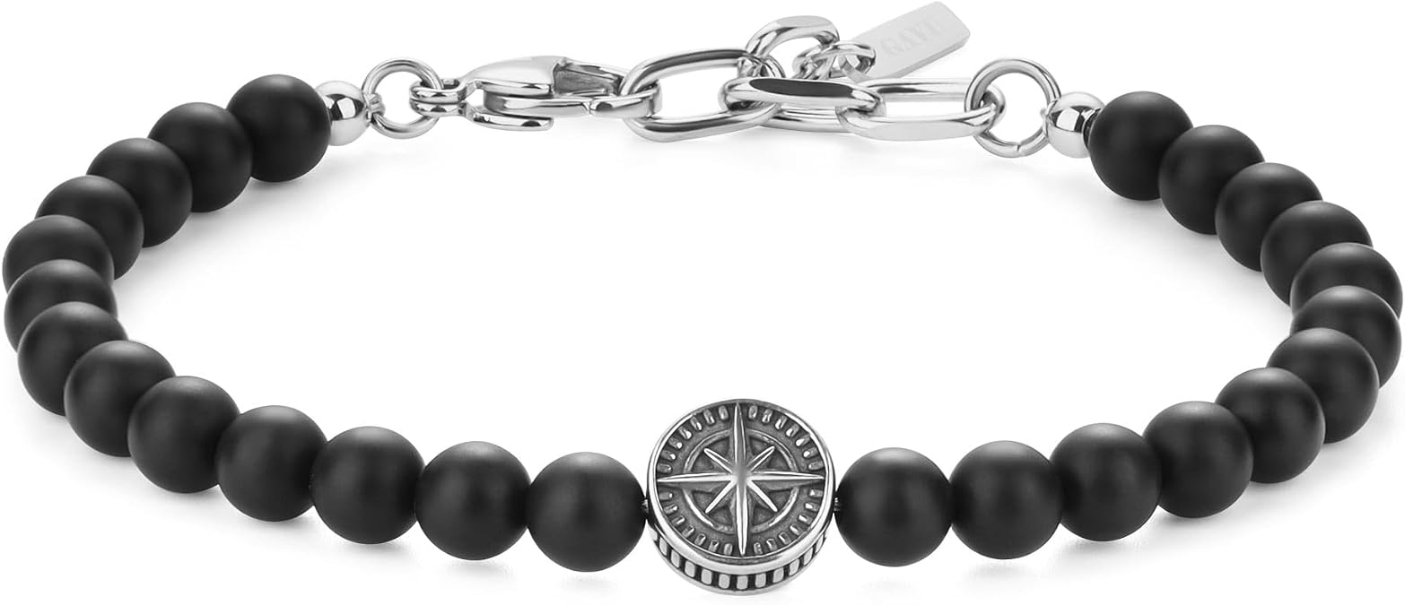 GAVU Men's Compass Bracelet - Tiger Eye, Onyx, Shell Pearl Beaded Bracelet for Men