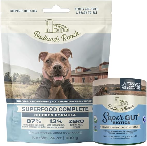 BADLANDS RANCH Superfood Complete, Air-Dried Adult Dog Food, 24 Ounce Premium Chicken and Super Gut Organic Supplement 90 Grams, 30 Scoops