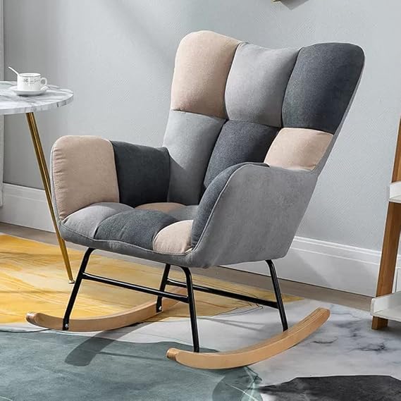 Modern Relax Rocking Chair Comfortable Teddy Fabric Glider Chair Upholstered Rocker Relaxing Recliner for Nursery,Patchwork Accent Chair with Wood Legs High Back Rocking Chairs (Gr