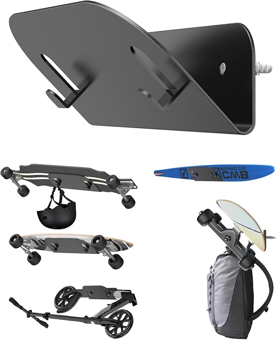 Wall Mount Holder for Skateboard/Snowboard/Longboard, Skate Deck Wall Mount Fit for Scooters/Skis Wall Hanger Display, Skateboard Shelf Rack 2.0mm Thick Metal Heavy-Duty with Hooks
