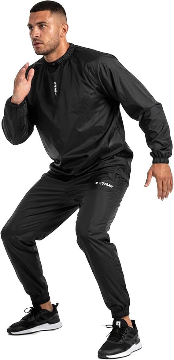 BOXRAW Lineal Sauna Suit For Men, Full Sweat Suit for Boxing, Black | Multiple World Champion Tested, Weight Loss Boxing Clothes, Non Rip, Weight Cutting, Pull-On, Waterproof, Zipped Pockets