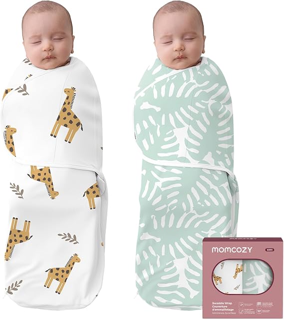 Momcozy Newborn Swaddle Sack, Two-Step Adjustable Baby Swaddle with Whisper-Quiet Fastener, Sleep Sack for 0-3 Months, 2-Pack, Safari