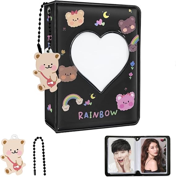Kpop Photocard Holder Book 3 Inch Black Mini Album with Lovely Pendant, 40 Pockets, 20 Pages