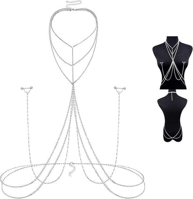 JFORYOU Nipple Rings with Body Chain Waist Chest Chain 14G Nipple Piercing Barbell Nipplerings Body Piercing Jewelry for Women