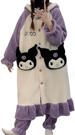 Cartoon Fuzzy Pajama Set for Women Soft Plush Robe and Fleece Pants 2 Piece Sleepwear Loungewear Warm House Coat Purple M