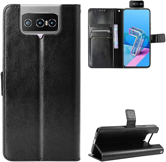 Flip Leather Wallet Case for Asus ZenFone 7 Pro ZS671KS, 7 ZS670KS & 8 Flip ZS672KS - Black, Faux Leather, Card Holder