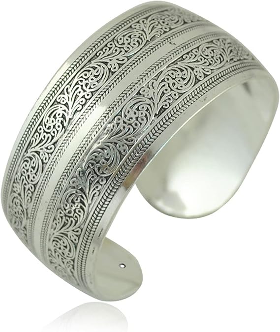 BODYA Tibeten Silver Carved Spiral Flower Connecting Branches Pattern Wide Band Open Cuff Bracelet Bangle for Adult