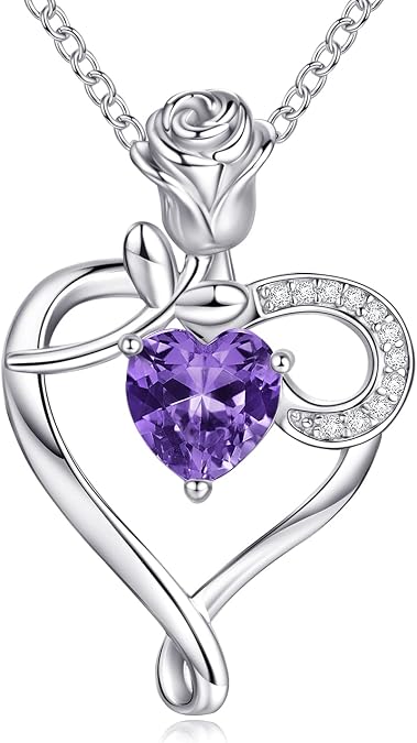 Heart Necklace Birthstone Necklaces for Women 925 Sterling Silver Jewelry Pendant Necklace Rose flower Mother Daughter Necklace for Mom Women Grandma Her Girlfriend