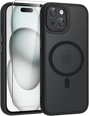 WRJ for iPhone 15 Plus Case, Slim Translucent Matte Magnetic Case for Women Men [Compatible with Magsafe][Full Camera Protection] Anti-Fingerprints Shockproof Cover with Screen Protector-Black