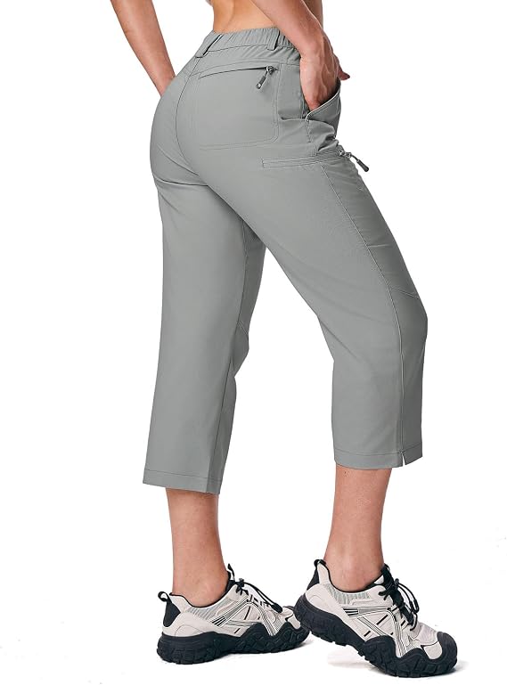 YSENTO Women Hiking Capri Pants with Pockets Lightweight Stretch UPF 50 Quick Dry Tavel Summer Bottoms Light Grey XL