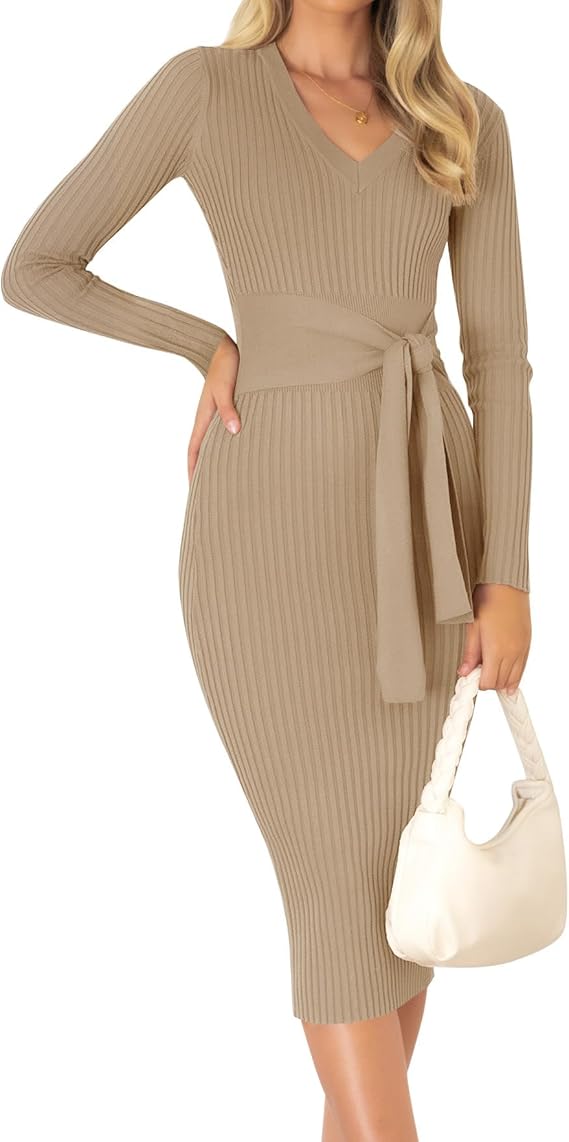 ZESICA Women's V Neck 2026 Fall Sweater Dress | Bodycon, Slimming, Long Sleeve, Ribbed Knit, Tie Waist, Classy, Holiday Work Office, Winter Midi Dresses