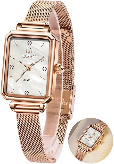 Taxau Women's Square Watch Mesh Bracelet Stainless Steel Rectangular Dress Watches for Women Fashion Business Analog Quartz Ladies Small Wrist Watch