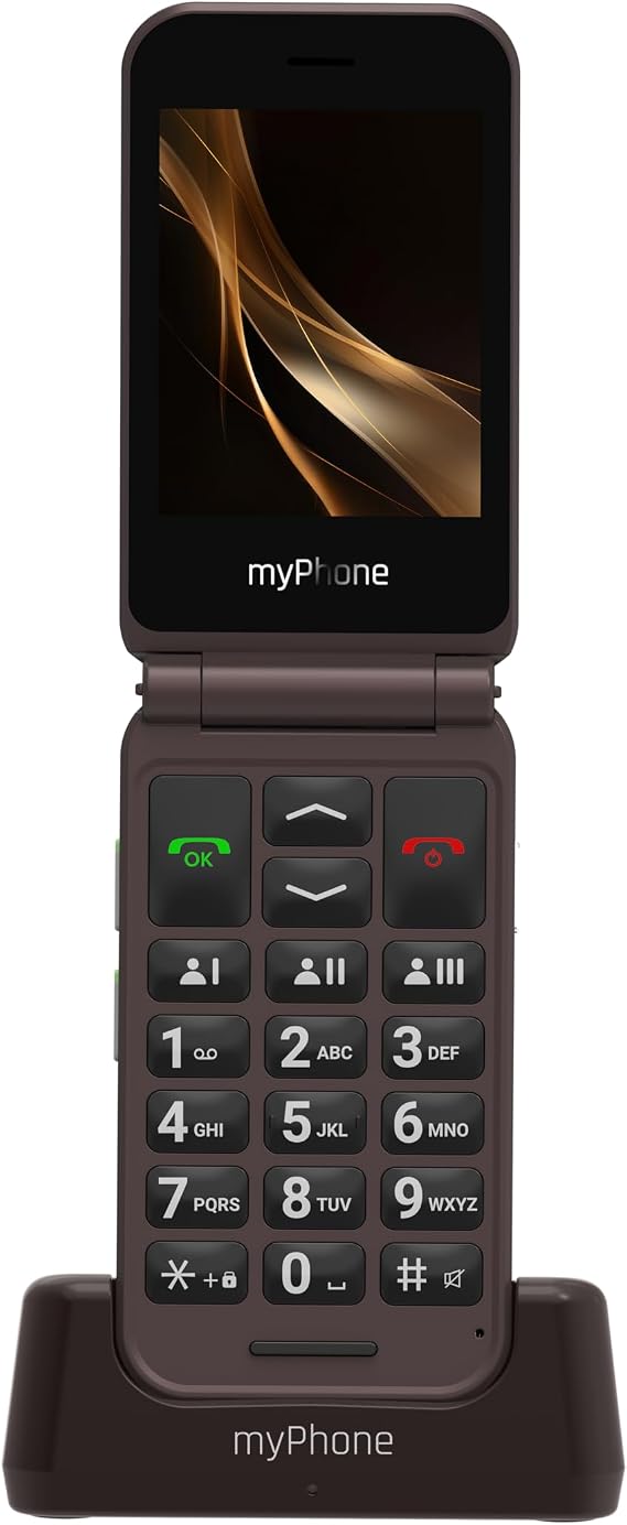 myPhone Harmony LTE Flip Phone for Seniors, External Display, Charging Cradle, SOS Button, 4G, Big Buttons – Praline Collection