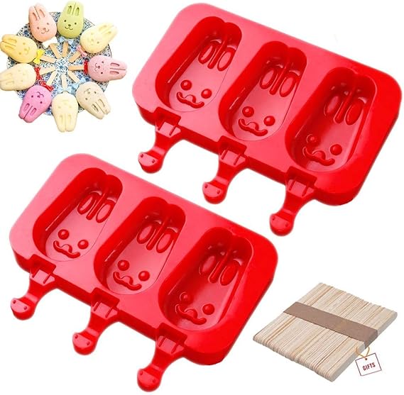 Sakolla Homemade Popsicle Silicone Molds with Lid, BPA Free Ice Cream Bar Mold, 3 Cavities Silicone Ice Pop Mold with 40 Wooden Sticks, Set of 2 ( Rabbit Shape)