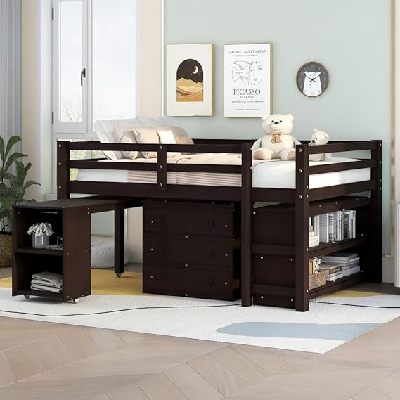 Low Loft Bed with Desk - Solid Wood Kids Loft Bed with Cabinet & Bookshelf (Espresso/Full)