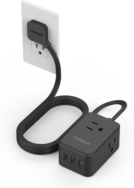 TESSAN Small Flat Plug Power Strip, Ultra Thin Extension Cord 5 ft, Black