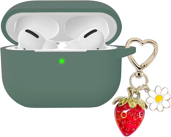 Airpods Pro 第2世代ケースカバー かわいいストロベリーチャームキーホルダー付き Airpod Pro 2ケース かわいいハートフラワー デイジーキーチェーン Apple Airpods Pro Gen 2用 充電ケースカバー パイングリーン