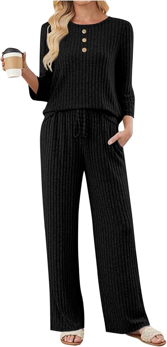 lcziwo Lounge Sets for Women Ribbed Knit Pajama Set Button Crewneck 3/4 Sleeve Knitted Sweater Elastic Waist Pant