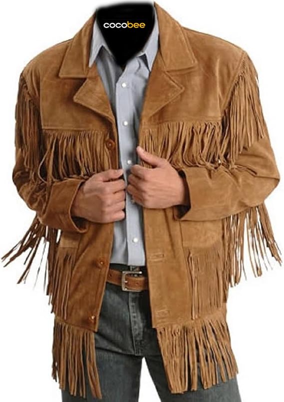 Men's Traditional Cowboy Western Leather Jacket Brown Coat with Fringe Native American Jacket Suede-5XL