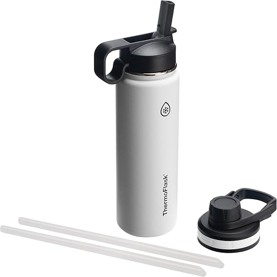 ThermoFlask 24oz Double Wall Vacuum Insulated Stainless Steel Water Bottle with Spout and Straw Lid, White