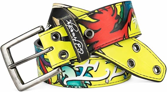 ED HARDY Men's Lime Dragon Tattoo Print Rivet Studs Belt