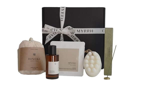 Hinoki Japanese Cypress Gift Set, Bath Flakes, Room Spray, Bath Salt, Bar Soap, Incense Sticks with Brass Holder, Relaxation and Mindfulness