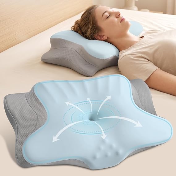 Ylekto Cervical Neck Pillow for Pain Relief - Contour Memory Foam Pillows for Sleeping, Ergonomic Pillow Side Sleeper Pillow for Neck Support, Orthopedic Bed Pillow for Sleepers (Blue & Grey)