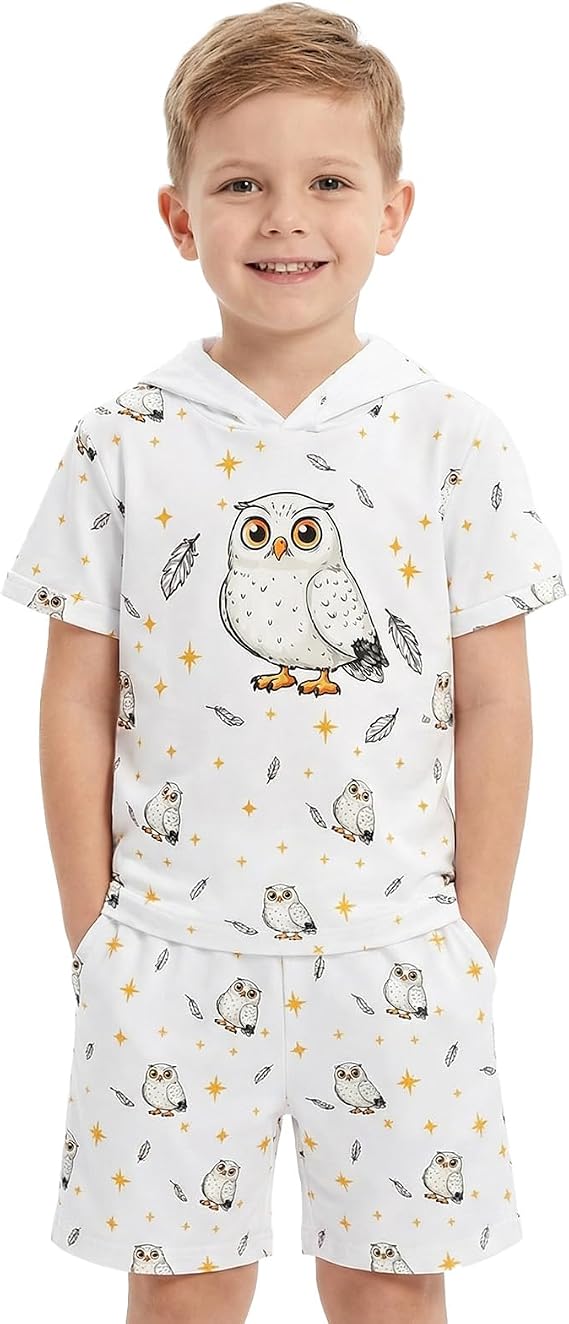 Snowy Owl Boy and Girl Short Sleeve Kids Clothes, Children's Summer Set, Cute Cartoon, Comfortable Fit