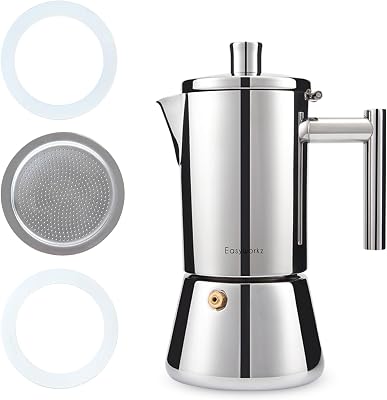 Easyworkz Diego Stovetop Espresso Maker 4Cup 6.8 oz Moka Pot Bundled with Silicone Gasket Seals and Filter Screen Replacement