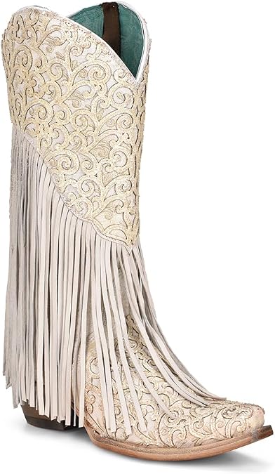 Corral Ladie's White Lamb Overlay & Embroidery & Fringes, Leather Sole, Cowhide/lamb Leather, Western, C3955