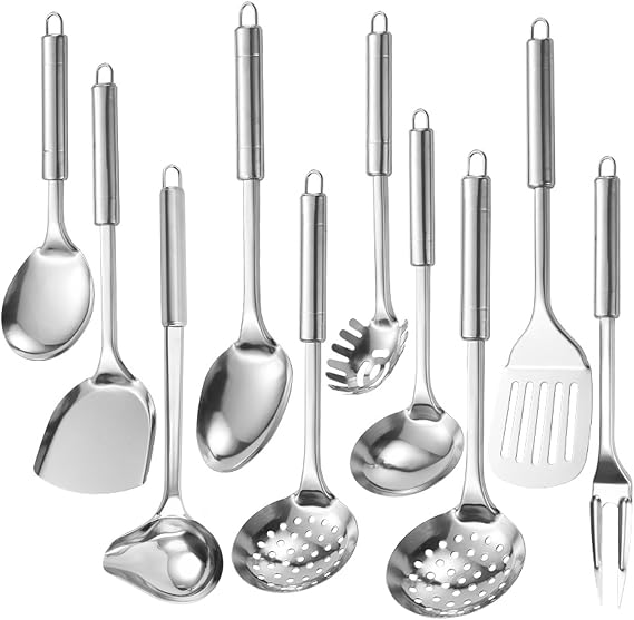 Ragyzity Stainless Steel Cooking Utensils Set, 10 Pieces Comfortable Grip Stainless Steel Cooking Utensils, Nonstick & Heat Resistant Kitchen Gadgets, Serving Utensils, Dishwasher Safe, Easy to Clean