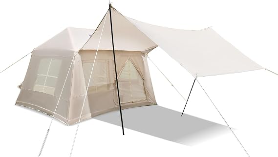 Inflatable Camping Tent, 4-Season Glamping Tent with Stove Jack, Mesh Windows, Easy Setup, Windproof Cotton Outdoor Tent with Hand Pump