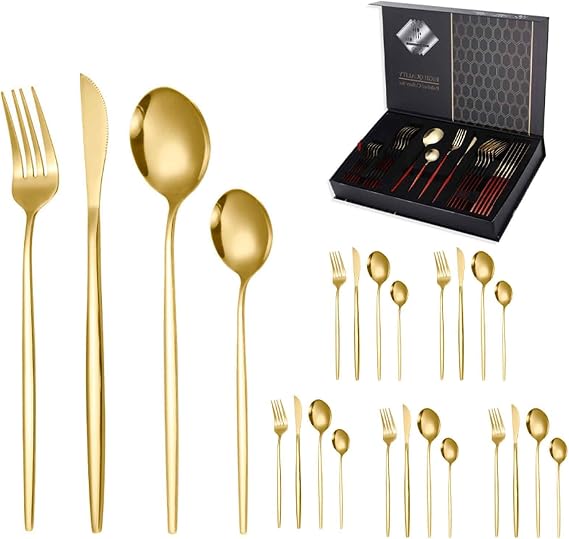24 PCS Luxury Stainless Steel Knife Set, 6 X Dinner Forks, 6 X Dinner Knives, 6 X Dinner Spoons, 6 X Tea Spoons, Kitchen Travel Utensils Set Service for 6(Size:B,Color:Gold)
