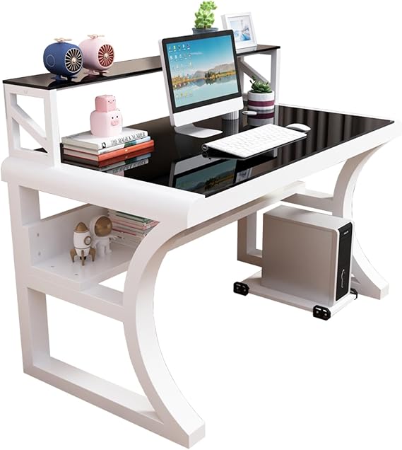 Tempered Glass Computer Desk Large Office Desk With Storage Shelves Modern Gaming Table With Metal Frame For Home Office Workstation(White+black,31.4in)