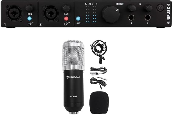 Arturia MiniFuse 4 Black Bundle: 4x4 USB-C MIDI Audio Interface, RCM01 Pro Large Diaphragm Condenser Microphone with Metal Shock Mount, 2-items