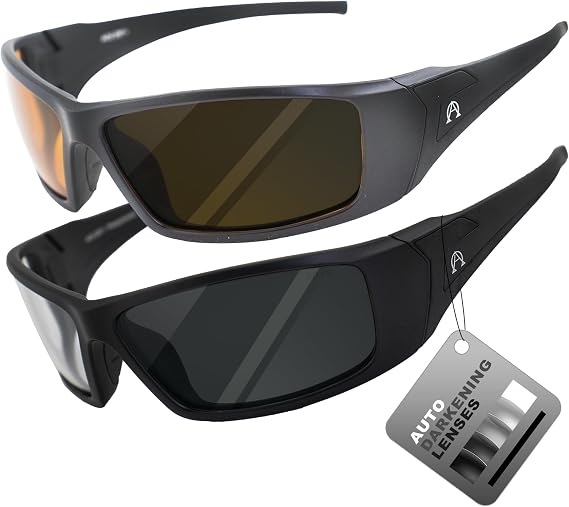 Alpha Omega AO2 Auto-Darkening Motorcycle Sunglasses Sports Riding Safety Glasses Z87.1 for Men or Women 2 Pairs Black Frame Amber and Photochromic Clear to Smoke Lenses I can also make