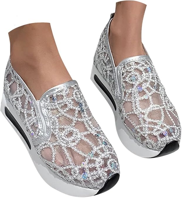 Platform Wedge Sneakers for Women 2025 Fashion Embroidery Floral Mesh Breathable Chunky Wedge Flatform High Heels Slip On Sneakers Comfortable Non-Slip Walking Tennis Jogging Shoes