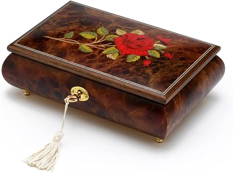 MusicBoxAttic Handcrafted 23 Note Single Stem Red Rose Musical Jewelry Box - Music of the Night Phantom of the Opera