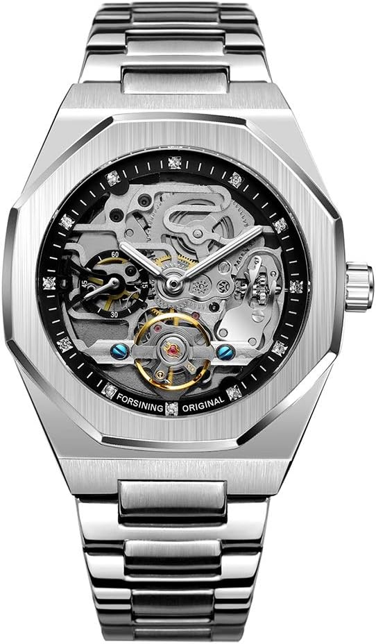 Tourbillon Design Men's Analog Automatic Wrist Watch Mechanical Stainless Steel Bracelet Skeleton Male Watch, Silver Black