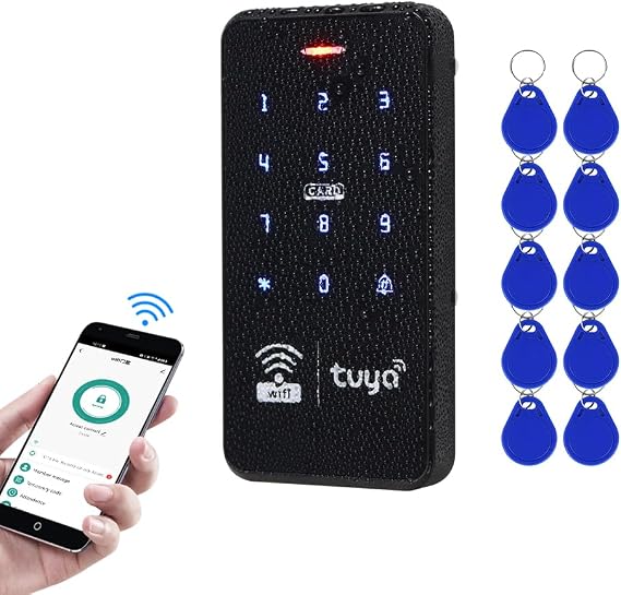 WiFi TUYA Smart APP Access Controller, 125KHz 13.56MHz RFID Keyboard,IP68 Waterproof, Touch Panel, Backlight Stand-Alone Door Access Control Keypad,+ 10pcs Blue Keyfobs Tags
