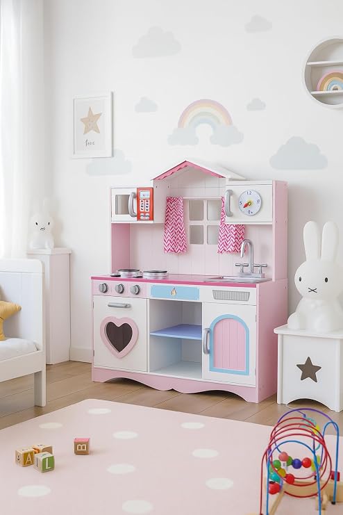 Leomark Rosa Küche aus Holz Pink Play Küchenherd für Kinder mit Zubehör