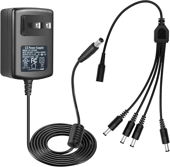 Tonton DC 12V 2A Security Camera Power Adapter with 1 to 4 Power Splitter, DC 12V to AC 100-240V Power Cord Cable for CCTV Security Camera System, LED Strip Lights, DVR, NVR, Router, UL Certificated