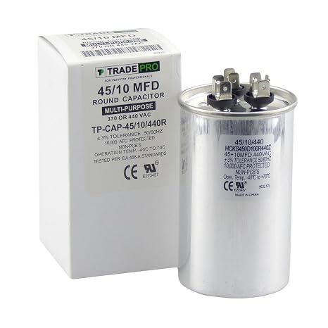 TP-CAP-45/10/440R Round Run Capacitor; 45+10 MFD 440 Volt; Aluminum Oil-Filled Construction; Recognized and Protected To 10,000 Afc; 50/60 Hz