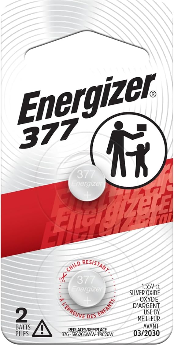 Energizer 377 Silver Oxide Button Battery, 2 Pack