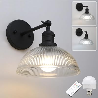 Pathson Battery Operated Wireless Wall Sconce, Rechargeable Modern Wall Vanity Light, Striped Glass Bowl Lampshade, Remote Dimmable Wall Lighting Indoor Led Wall Lamp Fixture for Bedroom Living Room