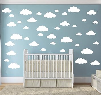 31pcs White Cloud Wall Decals Mixed Sizes 4-10in Floating Vinyl Stickers for Baby Nursery, Kids Bedroom, Ceiling or Playroom Removable DIY Home Mural Wall Art Decor YYU-14 White