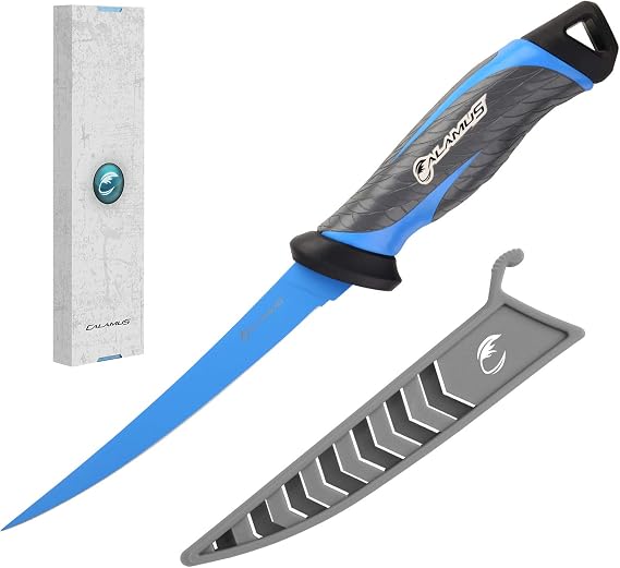 Calamus Fishing Fillet Knife - 7 inch, German G4116 Stainless-Steel Blades with Corrosion Resistant Coating, Non-Slip Handles, Protective Nylon Sheath, Perfect For Fresh Or Saltwater