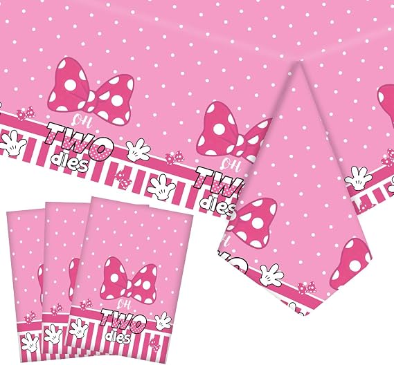 3 Packs Cartoon Pink Bow Mouse Tablecloth, Disposable Pink Polka Dot Birthday Decorations Perfect for Girls Birthday Baby Shower,54x108 inch