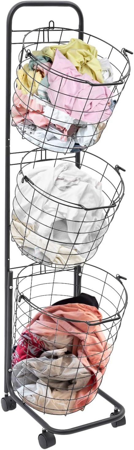 Laundry Basket on Wheels, 3 Tier Large Laundry Hampers, Rolling Stackable Storage Laundry Cart with Removable Wire Organizer Baskets Clothing Sorting Laundry Baskets